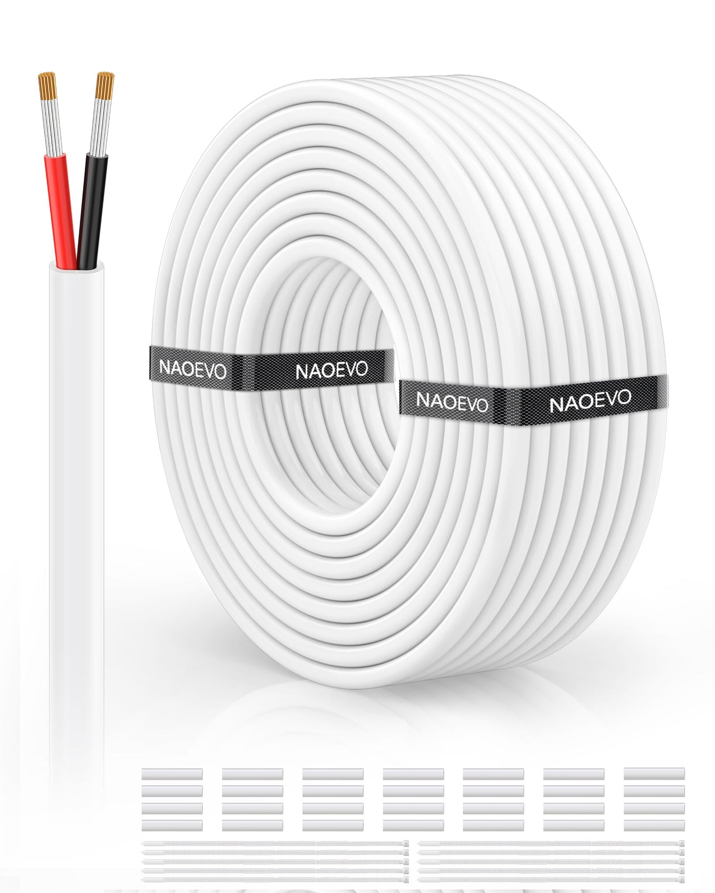 NAOVEO 18 Gauge Wire 2 Conductor Electrical Wire, 18 AWG Stranded PVC Tinned Copper Cable, Flexible/Low Voltage Automotive Wiring for LED Lamps, Marine, Speaker, Appliances (50FT)