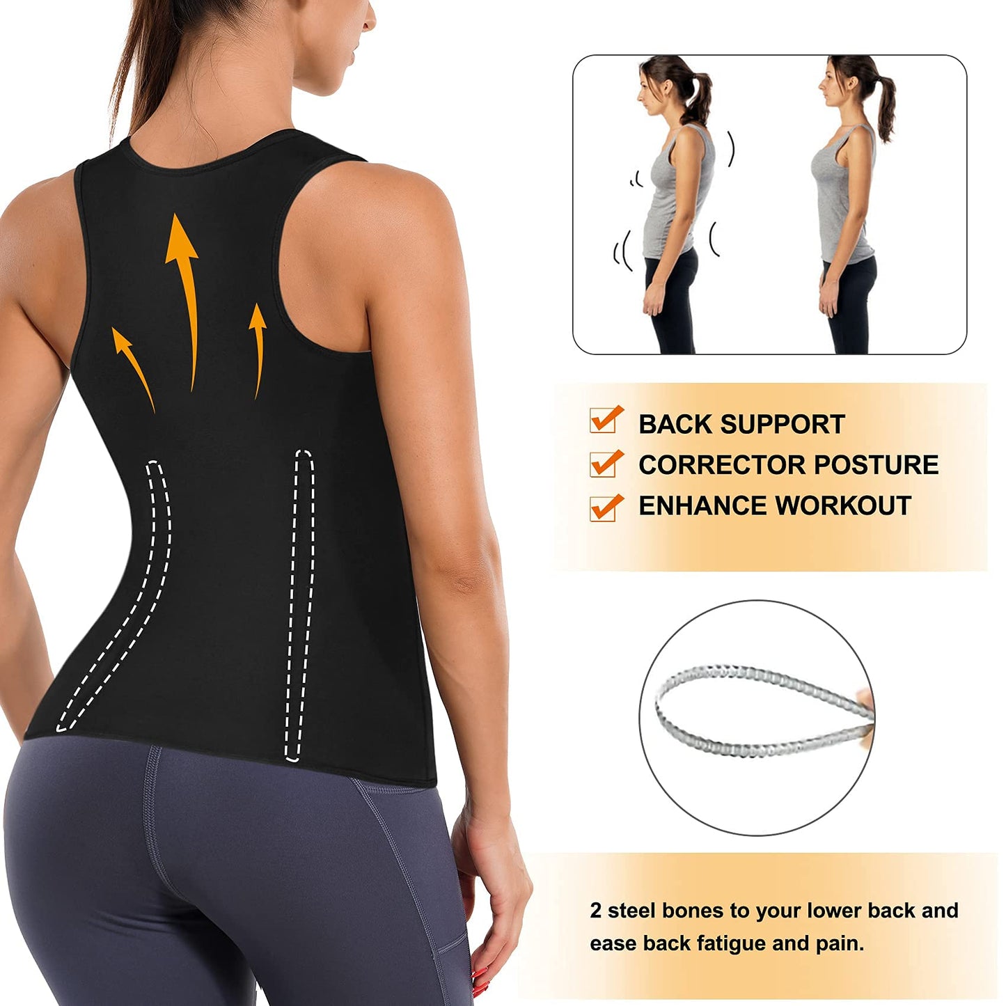 LANCS Women Waist Trainer Vest Sauna Suit Zipper Cincher Body Shaper Corset Sweat Vest Slimming Workout Tank Tops (Black, XX-Large)