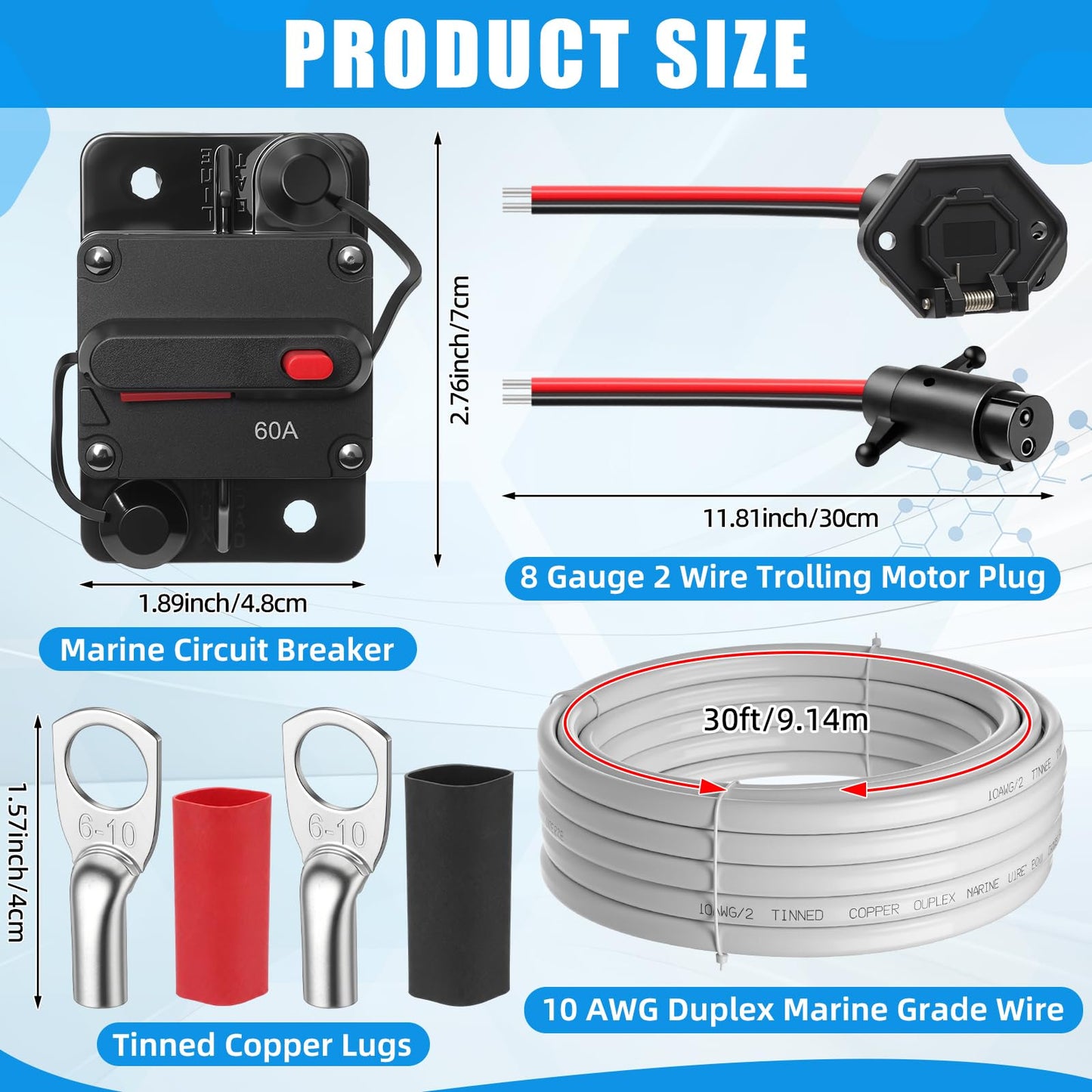 Saysurey 13 Pcs 10 Gauge 30ft Duplex Tinned Copper Marine Wire, 12v-24v 8 Gauge 2 Wire Trolling Motor Plug and 12v-48v 60amp Circuit Breaker and 4 Awg 3/8 Ring Marine Grade Copper Wires Lugs for Boat