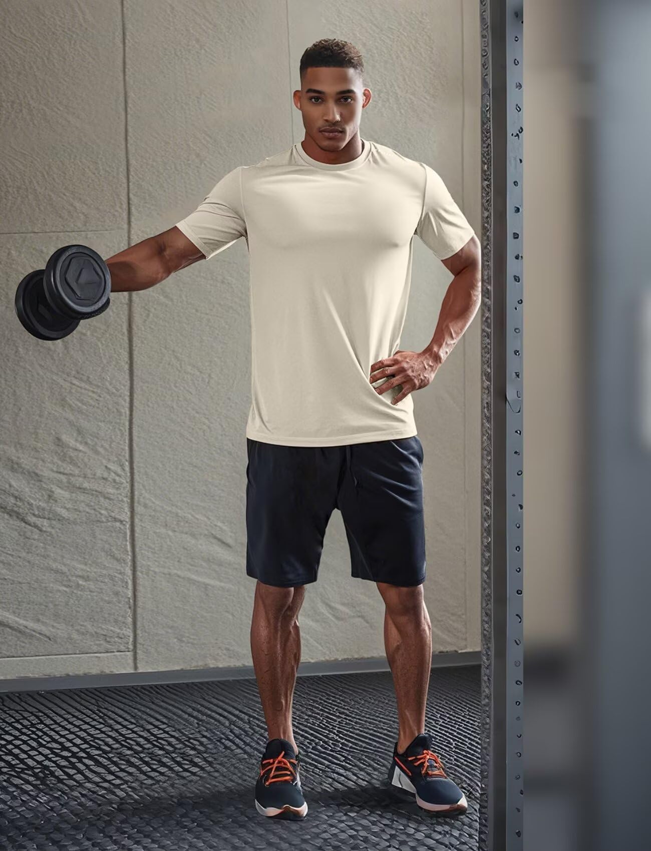 Zengjo Mens Athletic Shirts Moisture Wicking Short Sleeve Quick Dry Workout T-Shirt for Gym Running Exercise(Light Beige,Large)