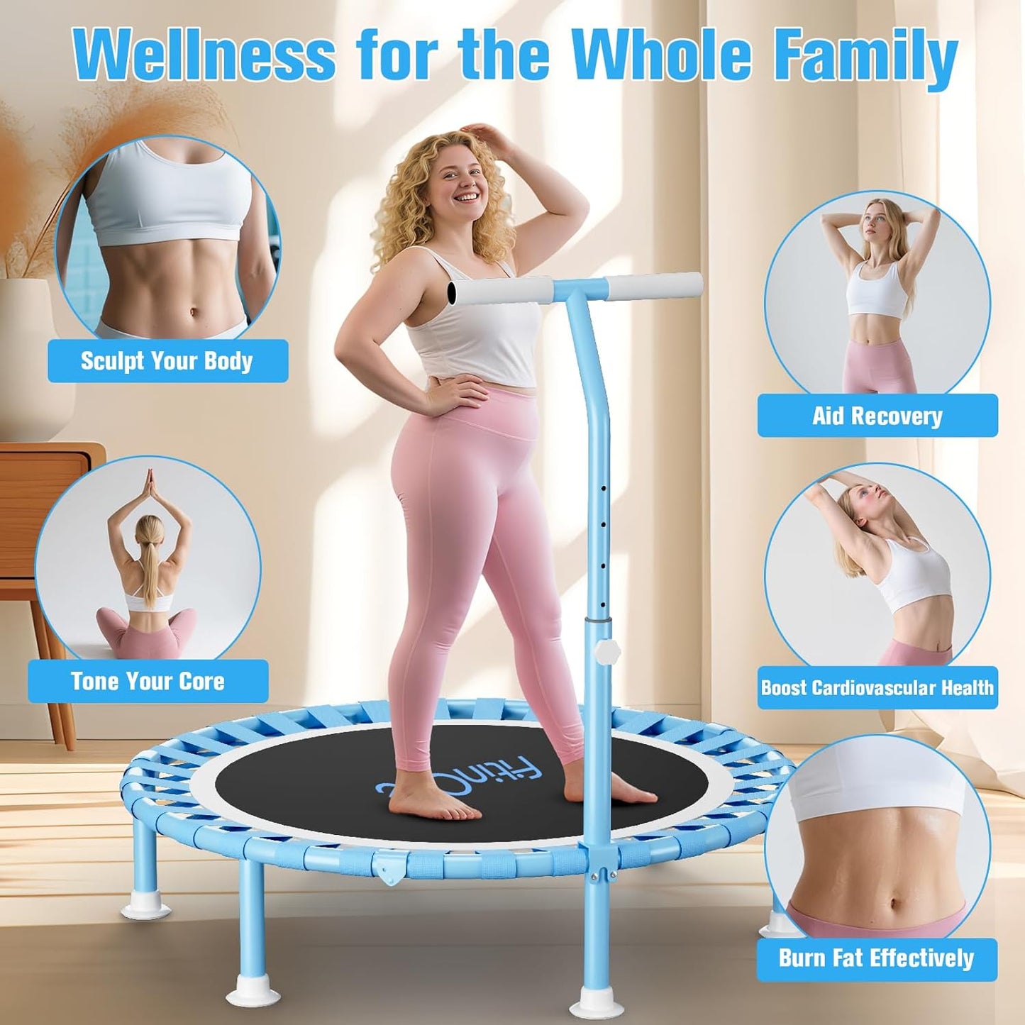 Fitness Mini Trampoline - 40” Adjustable Handle Bar, 330lbs Capacity | Foldable Bungee Rebounder for Indoor Exercise