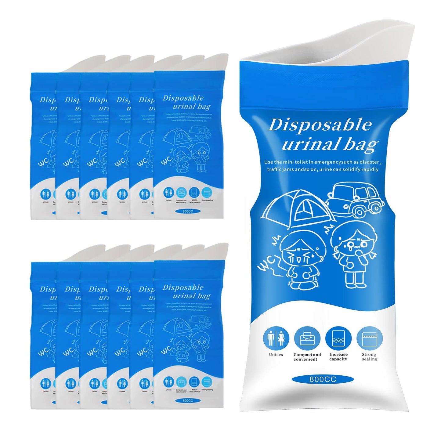 Disposable Urine Bags, 12/24 Pack Camping Pee Bags, Disposable Urinal Bag, Travel Urinal Bag, Toilet Traffic Jam Emergency Portable Toilet for Men Women Kids Patient (Blue-24pack) (12 Pack-Blue)