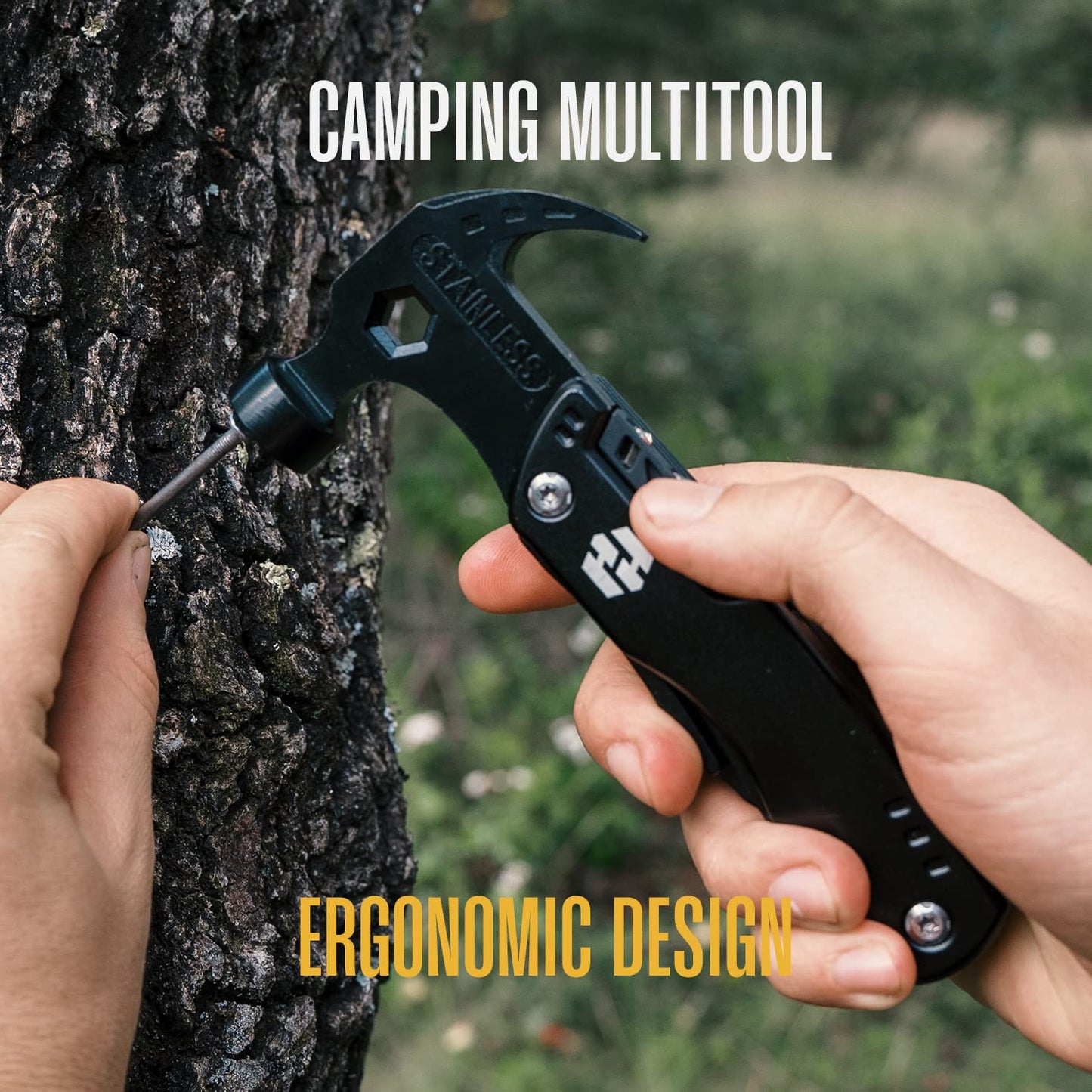 Camping Hammer Multitool, Survival Gear - 12 In 1 Stainless Steel, Portable, Safety Locking Camping Accessories with Durable Sheath - Compact Multi Tool For Outdoor by Hayvenhurst