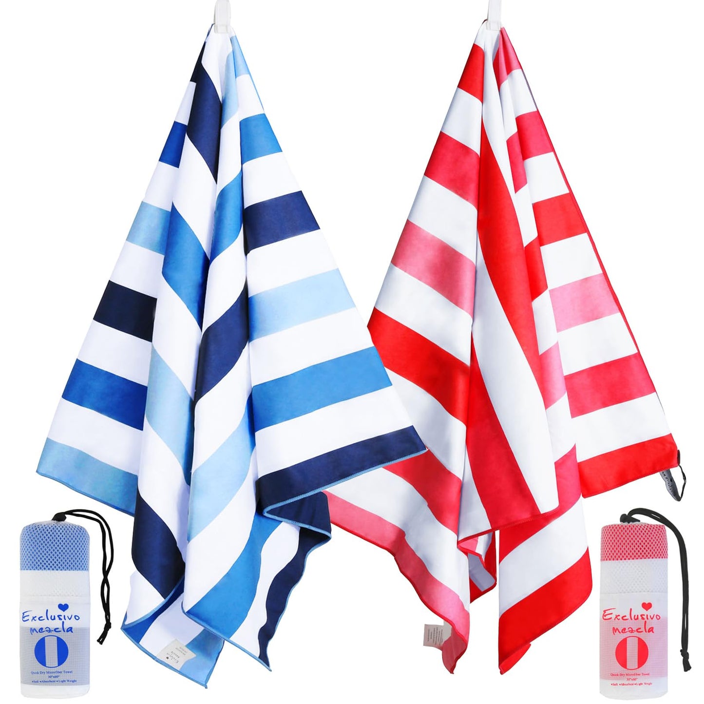 Exclusivo Mezcla 2 Pack Microfiber Quick Dry Beach Towels, Large Lightweight Sandfree Pool Towels for Swimming Camping Travel with Bag (Blue and Red, 30x60 Inches)