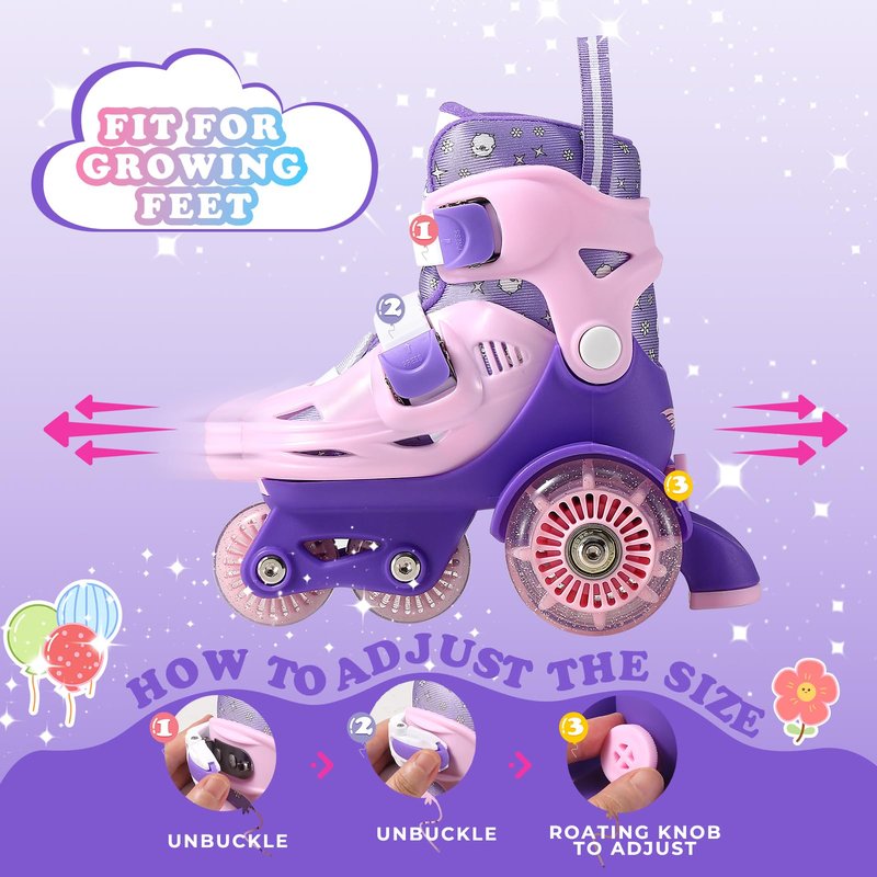 Toddler Roller Skates, 4 Adjustable Sizes, Light-up Wheels, Safety Three-Point Balance, Beginner Skates for Ages 3-8 Girls Boys Kids, Suitable Indoor & Outdoor Use (Pink&Purple, S-Small(11C-1Y US))