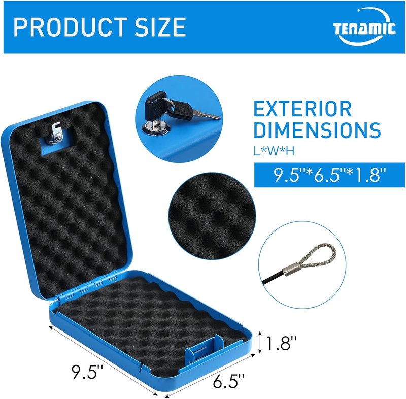Tenamic Pistol Safe - Portable Solid Steel Handgun Lock Box for Travel | Blue