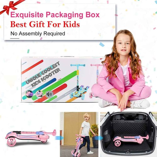 3 Wheel Scooter for Kids, Toddler Scooter with Bluetooth Music Speaker Steam Sprayer LED Lights Aluminum Alloy T-Bar, Ideal Gift for Boys Girls Ages 3-10 (Pink)