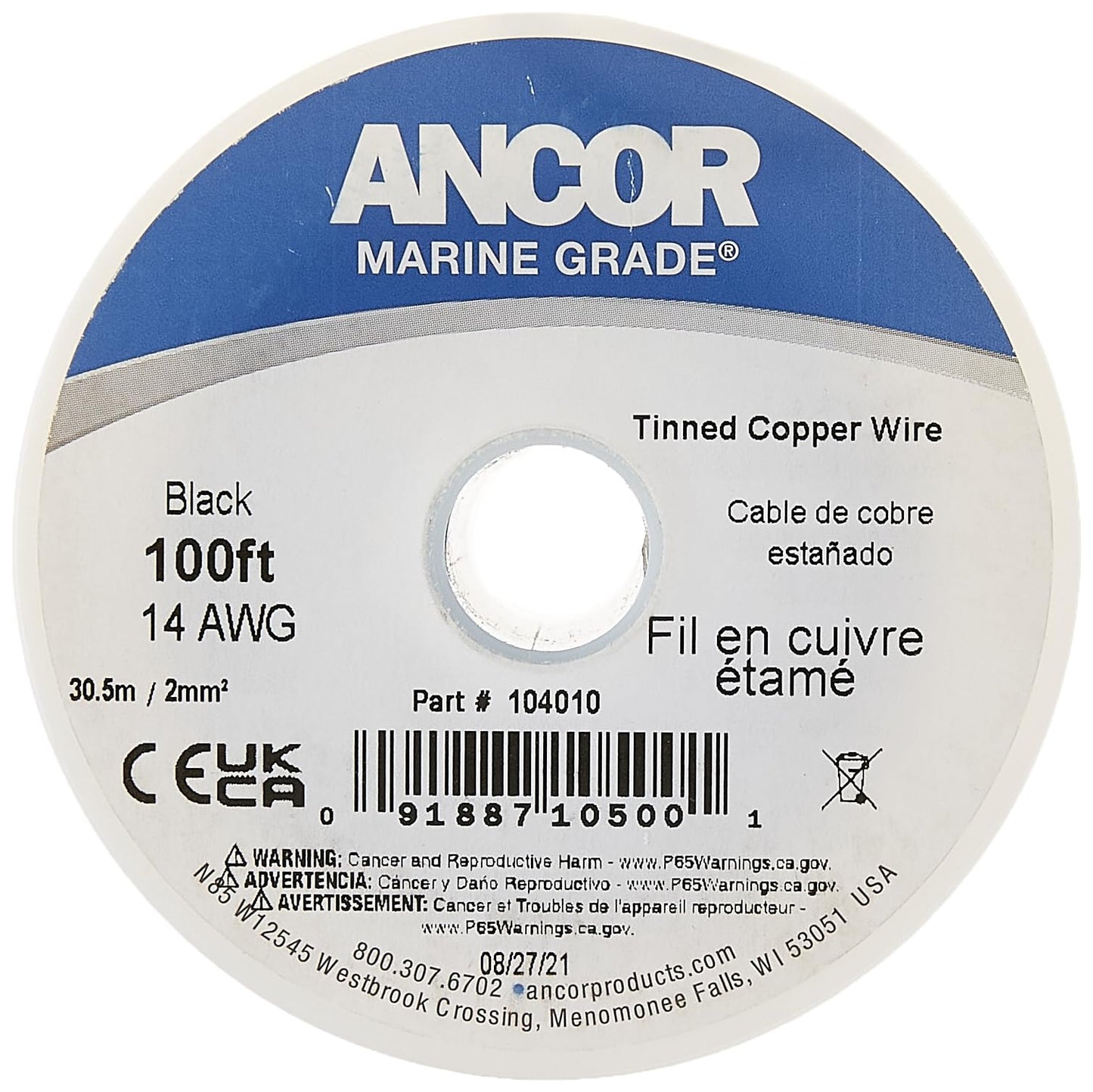 Ancor 184003 Tinned Copper Wire, 14 AWG (2mm2), Black - 18ft