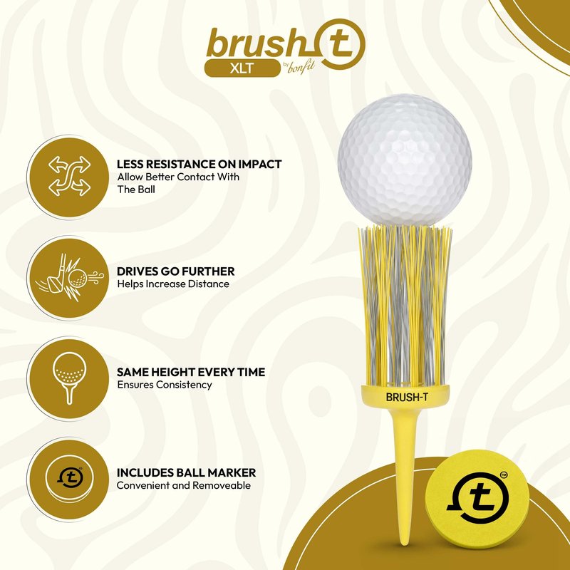 BRUSH-T Premium Plastic Golf Tees, Yellow XLT 2-Pack, Size 3 1/8", Unbreakable Innovative Design, Consistent Height, Perfect Golf Gift for Men and Women. Golfing Tees, Works With Any Golf Ball