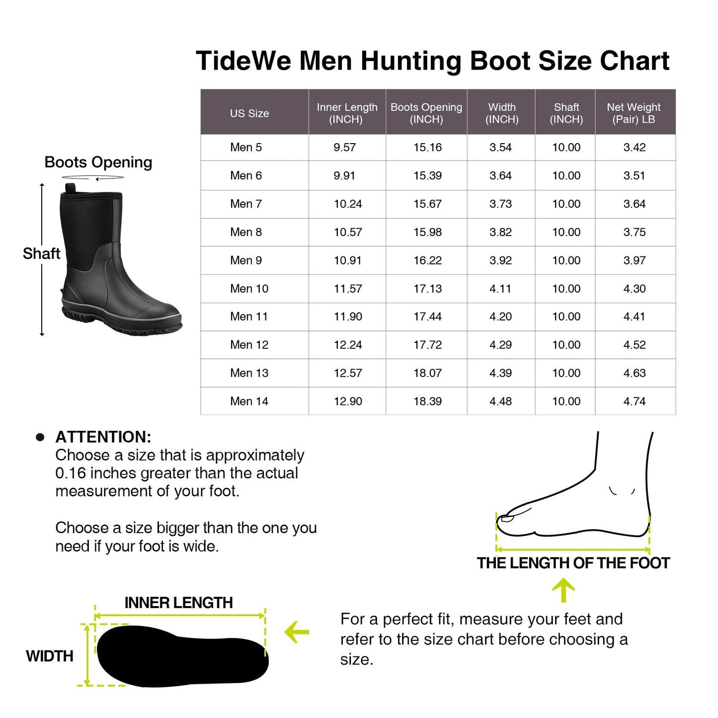 TIDEWE Rubber Boots for Men, 5.5mm Neoprene Insulated Rain Boots with Steel Shank, Waterproof Mid Calf Hunting Boots, Sturdy Rubber Work Boots for Farming Gardening Fishing (Black Size 6)