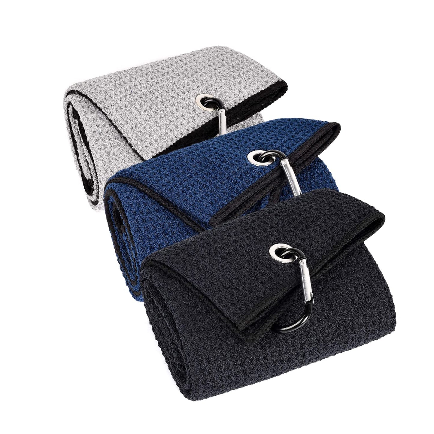LUSTEMBER 3 Pack Large Golf Towels, 16" x 24" Tri-Fold Portable Microfiber Fabric Waffle Pattern Golf Towel for Golf Bag with Carabiner Clip to Quickly Remove Sand, Mud, Dirt and Sweat