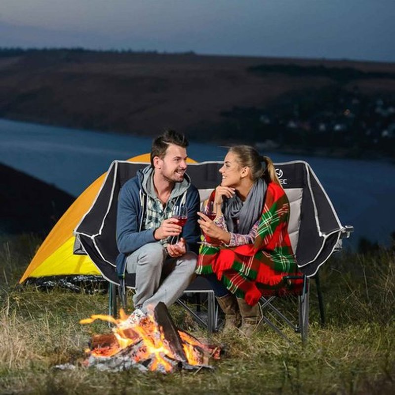 Nice C Loveseat Camping Chair, Double Camping Chair, Outdoor Camping Couch, Oversized Camping Loveseat, Padded Folding Chair for Adults, with Cooler Bag, Wine Glass Holder (Black&Grey)