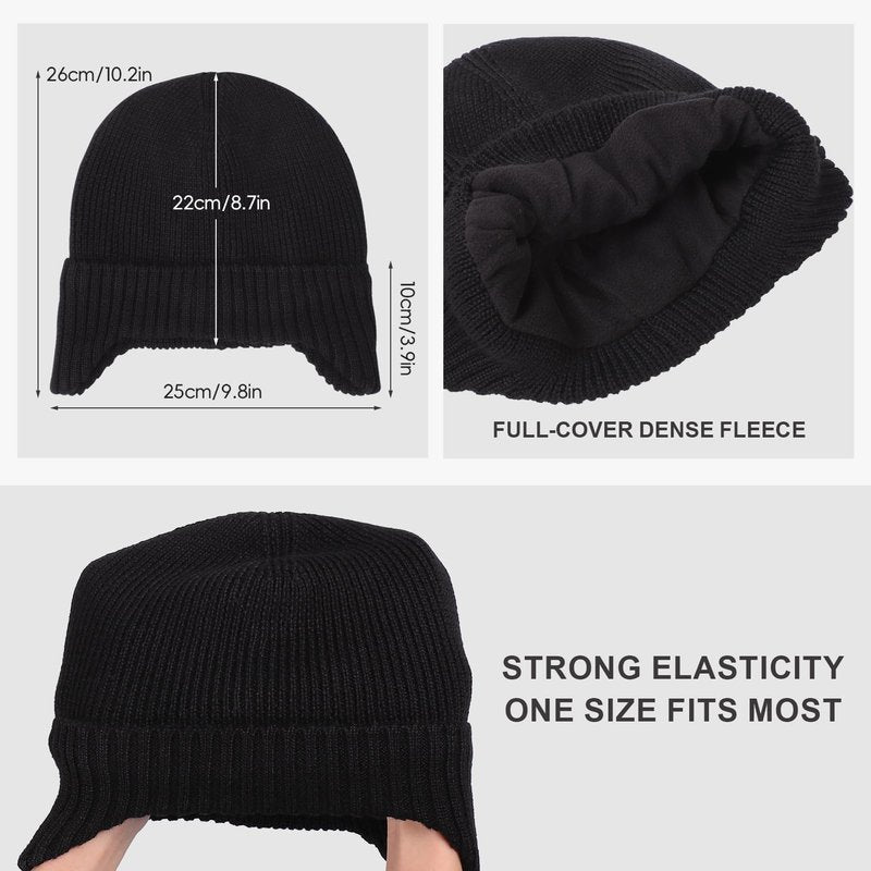 ZTL Unisex Merino Wool Beanie Hat with Ear Flaps Waterproof Windproof Warm Fleece Lined Winter Hat, Thermal Knitted Ski Cap for Women Men Black
