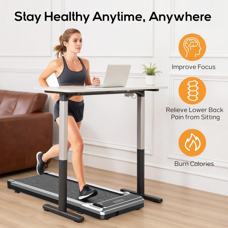 AIDOLY Walking Pad Under Desk Treadmill, Portable Compact Electric Walking Treadmill with Remote Control & LED Display for Home Office, Quiet Fitness Machine, Silver