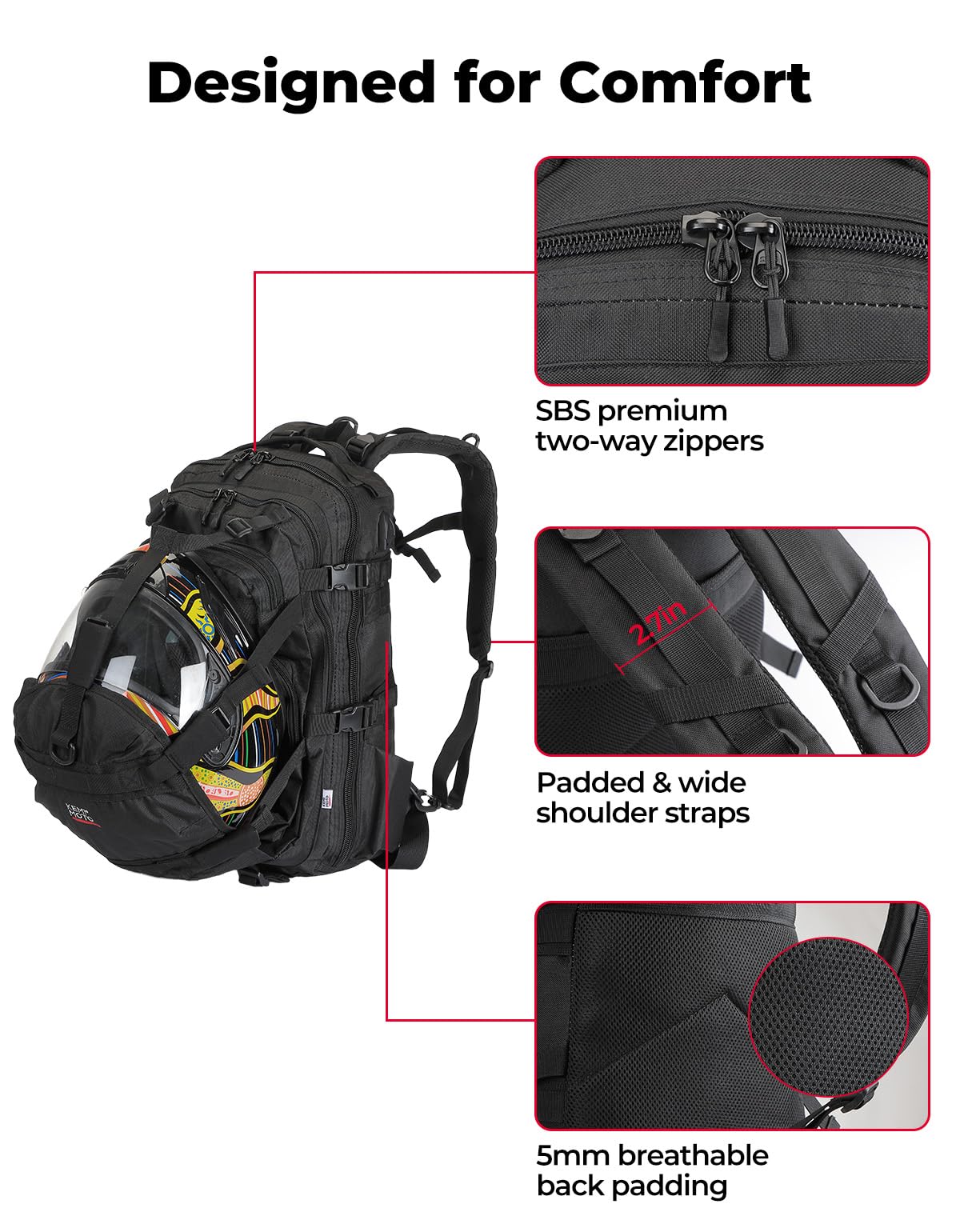 KEMIMOTO Motorcycle Helmet Backpack, 37L Large Capacity Helmet Bag with USB Charging Port, Riding Commuting Backpack for Men