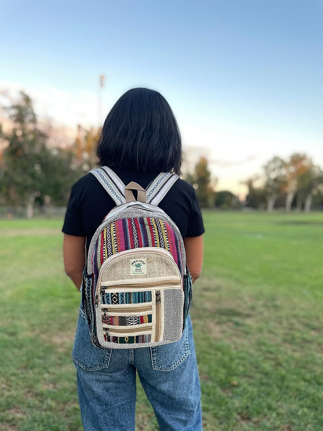 AUNERCART Small Hemp Backpack Traveling Backpack Cotton Stripe Nepali Backpack Himalayan Backpack Small 13" x 11" x 5" Bag