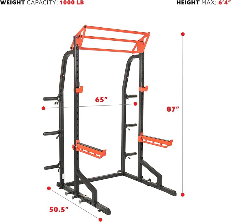 Sunny Health & Fitness Power Zone Half Rack | Heavy-Duty Performance Power Cage with Adjustable Pull-Up Bar & LAT Pull Down Attachment