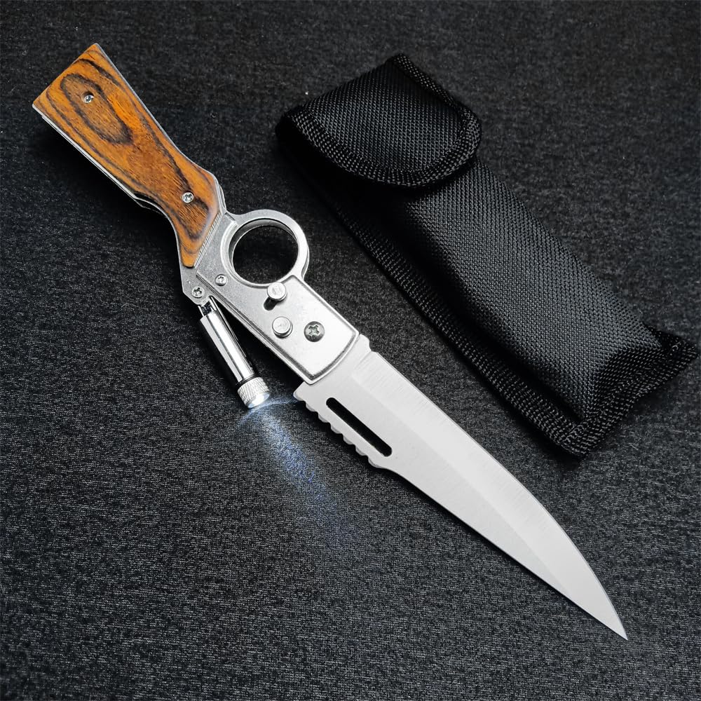 AK47 Flipper Pocket Folding Knife Push Button Lock Knife，Stainless Steel Blade，Wooden Handle and Pocket Clip，Protable Knife with LED Light for Men's Gift，Camping Survival EDC Knives