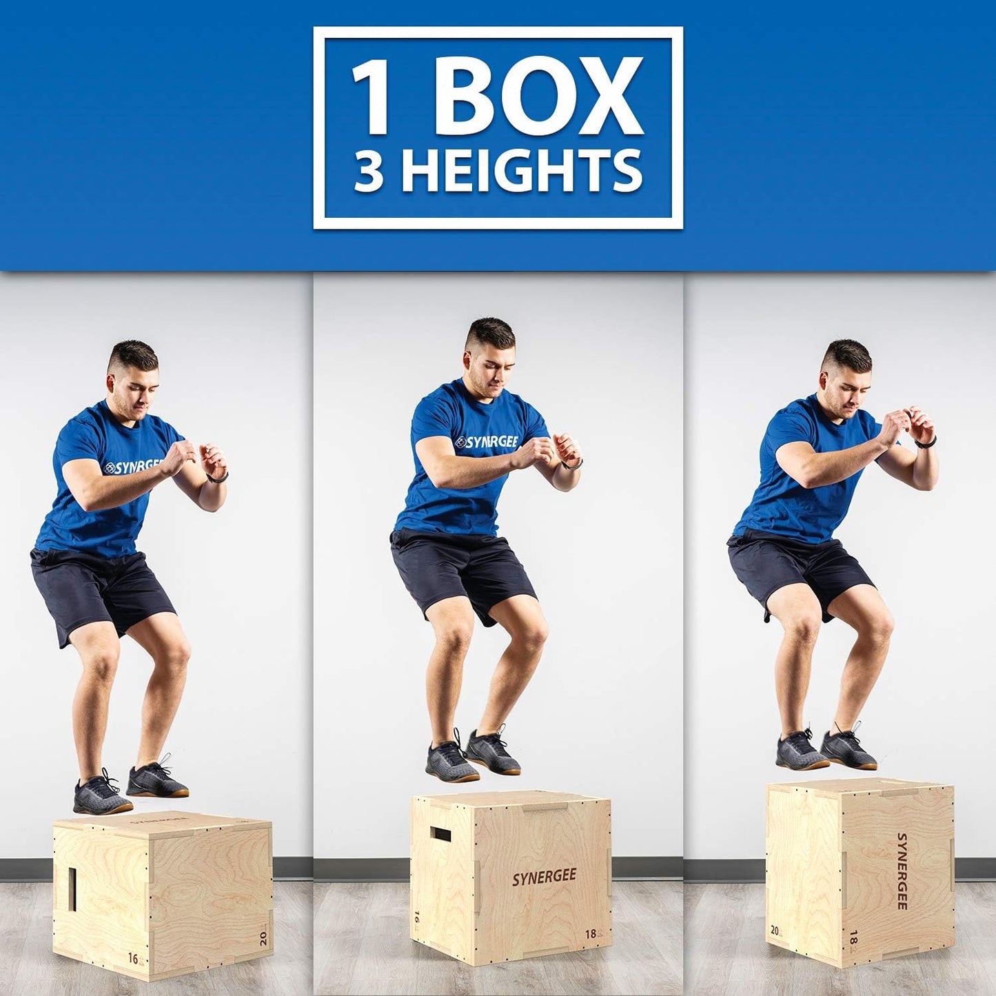 Synergee 3 in 1 Wood Plyometric Jump Box - Versatile Training Equipment | Sizes 30/24/20, 24/20/16, 20/18/16, 16/14/12