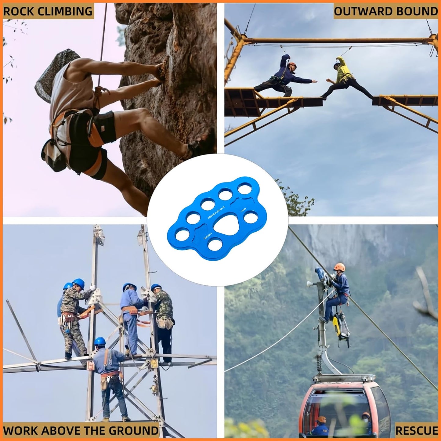 FTGear 45KN Durable Climbing Rigging Plate, 8 Holes Paw Rigging Plate for Even Load, Multiple Anchor Plate for Climbing, Backyard Ziplining & Rescue, Blue