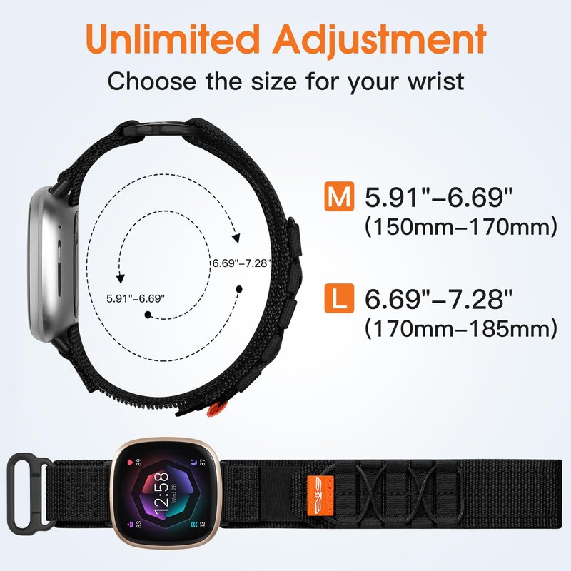Bandletic Tactical Rugged Bands Compatible with Fitbit Versa 4 Bands, Soft Durable Military Nylon Solo Loop Sport Straps for Fitbit Versa 3/Sense 2/Sense, Large, Black