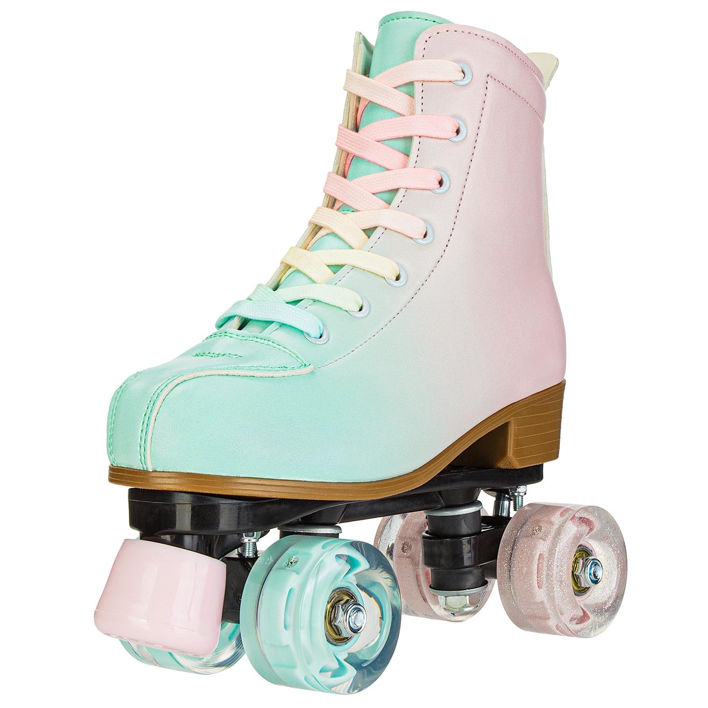 YYW Roller Skates for Girls and Women, Fantastic Gradient Pink and Green PU Leather Light Up Kids Youth Roller Skates, Indoor Outdoor, Size 33-Youth 2