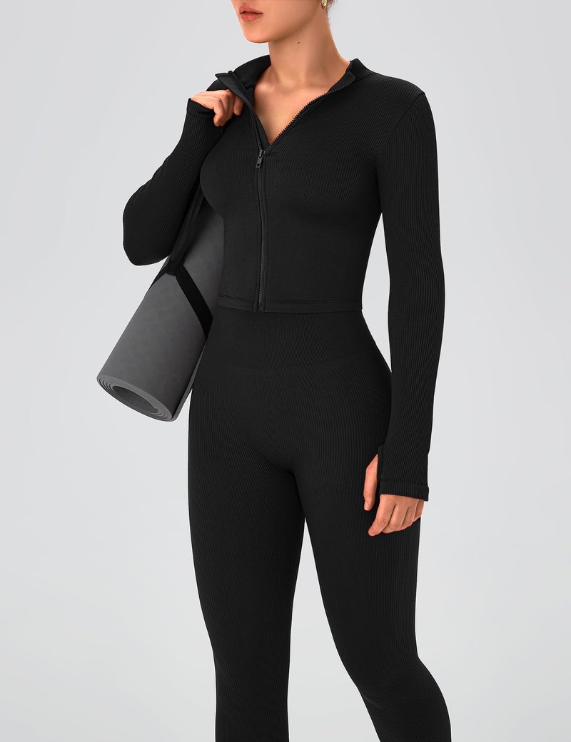 OLCHEE Womens Workout Sets 2 Piece Seamless Ribbed Long Sleeve Yoga Outfits High Waist Leggings Zipper Jacket Thumb Hole Gym Set - Black Medium