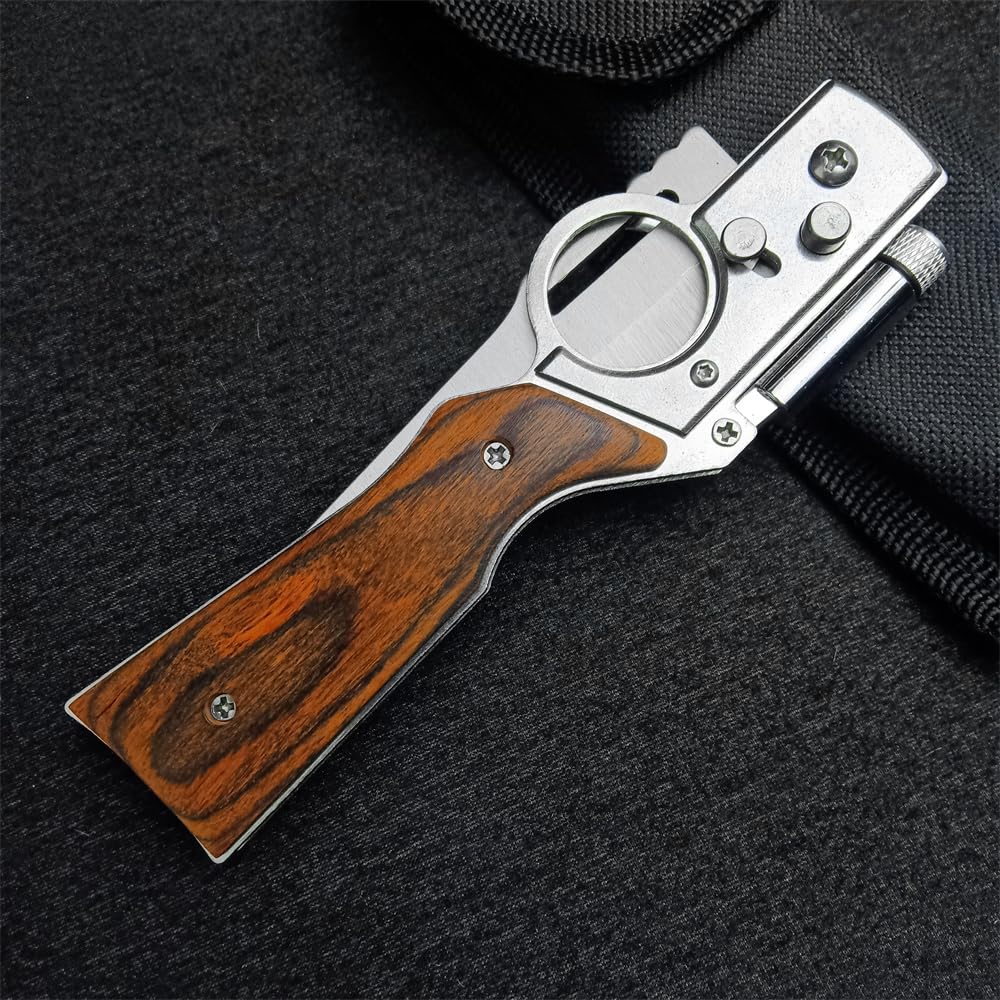 AK47 Flipper Pocket Folding Knife Push Button Lock Knife，Stainless Steel Blade，Wooden Handle and Pocket Clip，Protable Knife with LED Light for Men's Gift，Camping Survival EDC Knives