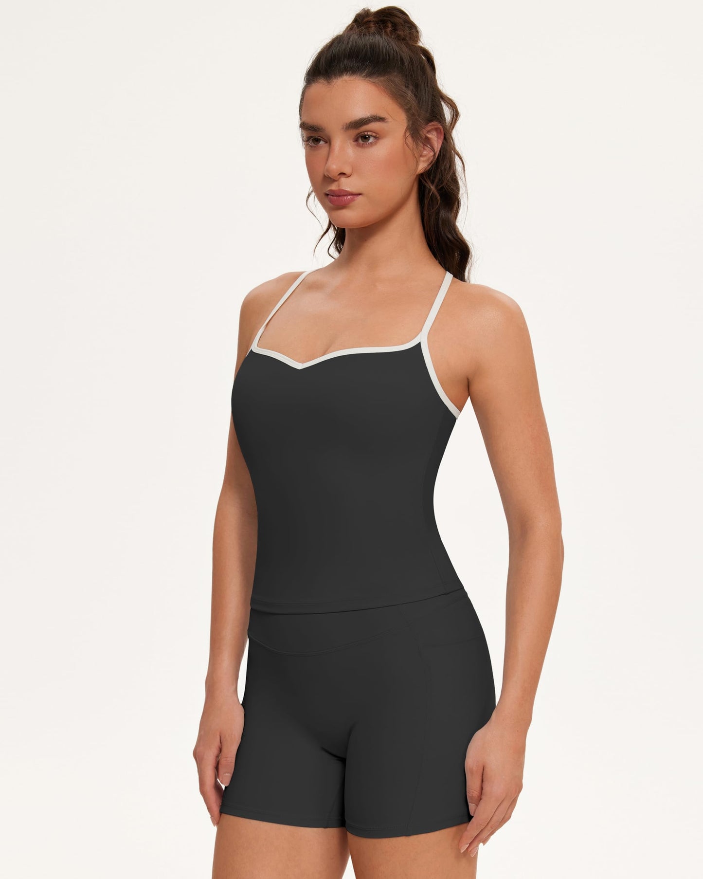 OMKAGI Sports Bras for Women Cute Sweetheart Neck Workout Tank Tops Open Back Yoga Bra Top(L, 546-Black)