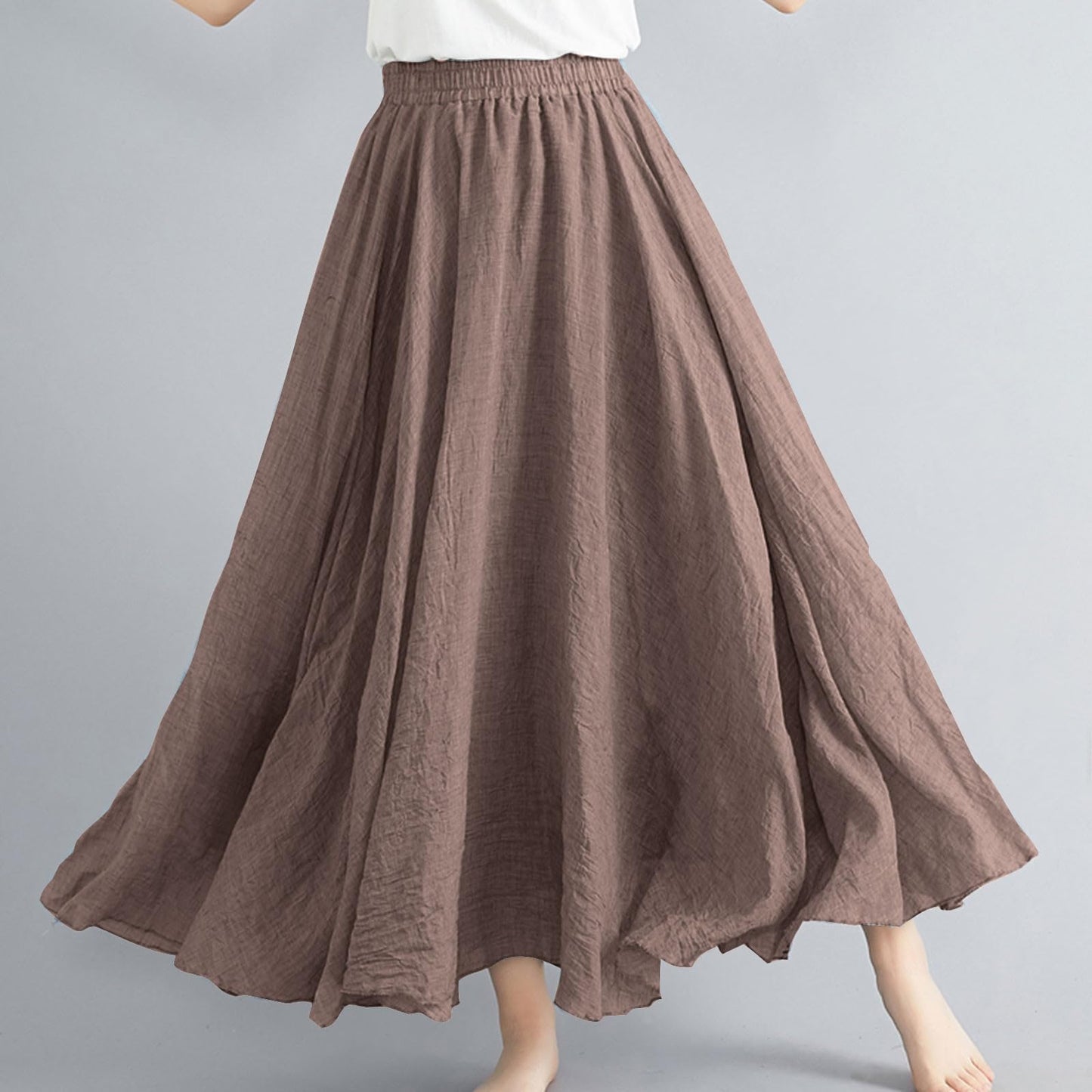 Womens Linen Maxi Skirts Summer Boho Solid Beach Elastic High Waist Pleated A-Line Flowy Swing Long Maxi Skirts Coffee