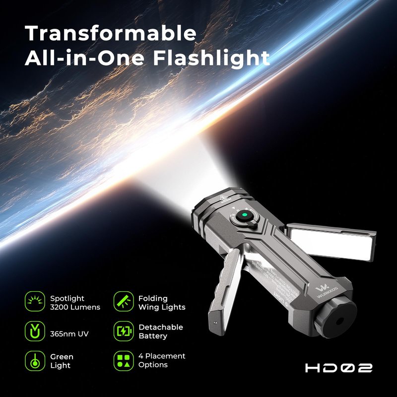 Wurkkos HD02 Flat LED Flashlight, Magnetic Deformation, 3200 Lumens, 5000 mAh Rechargeable, 3000K-6500K, Four-Light Sources, Folding Wing Lighting/Spotlight/UV Light/Green Light/MagneticTail,IPX6