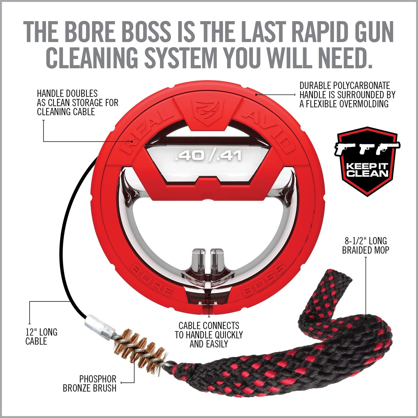 Real Avid Bore Boss Gun Cleaning System | Rapid Pull Through Barrel & Bore Cleaning Cable with Integrated Brush & Mop for Quick & Mess Free Gun Cleaning