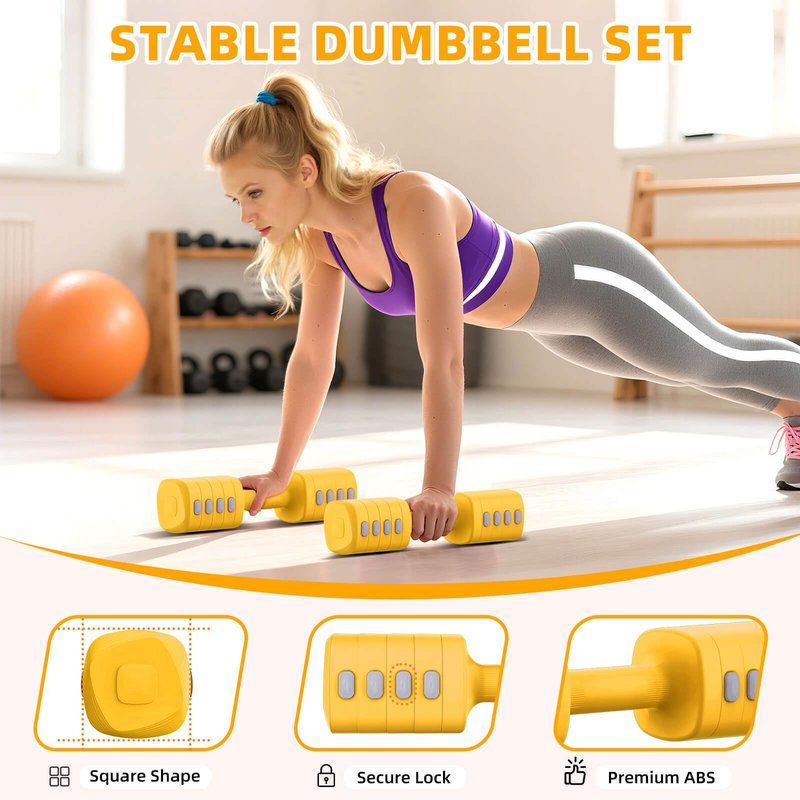 Hezeyferg Adjustable Dumbbell Set, Total 13.2LB Weights Dumbbell Set with Each 5 Levels 2.2lb/3.3lb/4.4lb/5.5lb/6.6lb, Hand Weights for Women/Men Home Office Gym Full-Body Workout (Yellow)