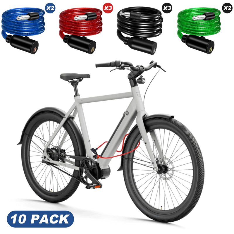 Afcabakila 10 Pcs Bike Lock Cable with Keys, Anti-Theft Steel Wire Bicycle Coiled Chain Lock ABS Shell 2 Keys for Scooter, Motorcycle, Gate, Resistant Heavy Duty Security Cable Locks 36.8 Inches
