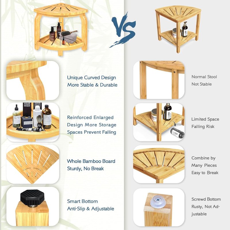 Bamboo Corner Shower Stool - Waterproof Bath Bench with Storage Shelf | Holds Up to 450 lbs