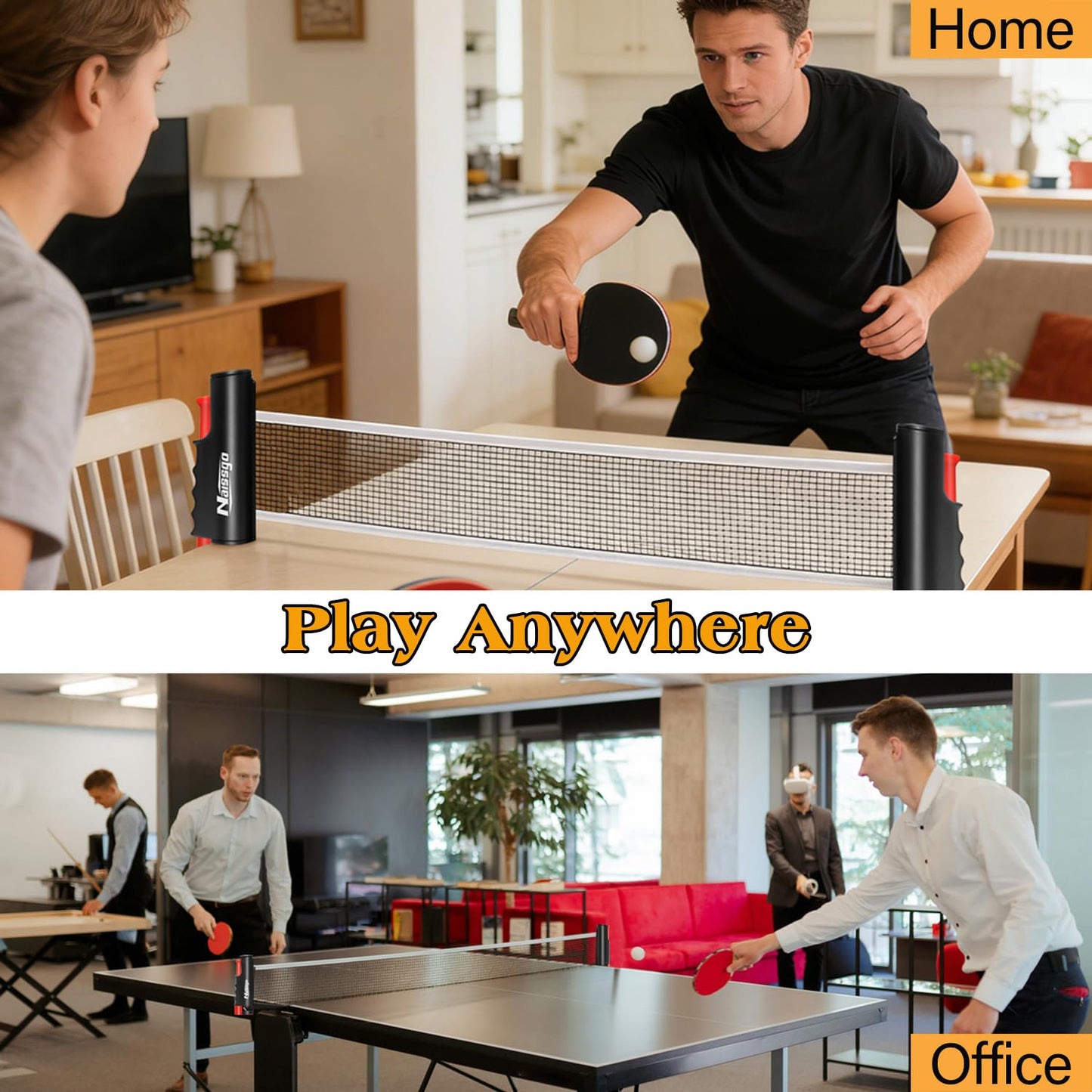 Naissgo Table Tennis Set with Retractable Net, Portable Ping Pong Paddle Set with 2 Rackets, 8 Balls and Mesh Bag, Easy Setup Table Tennis Kit for Indoor Outdoor, Beginners, Home and Office