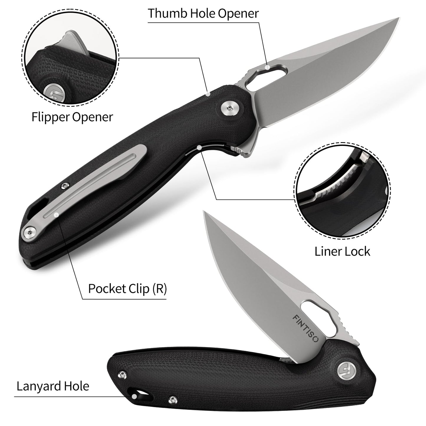 FINTISO Pocket Knife 3.38" Folding Knife Premium Swedish 14C28N Blade, High-End Design EDC Knife with G10 Handle, Camping Survival Hiking Knife, Best Gift for Men Women