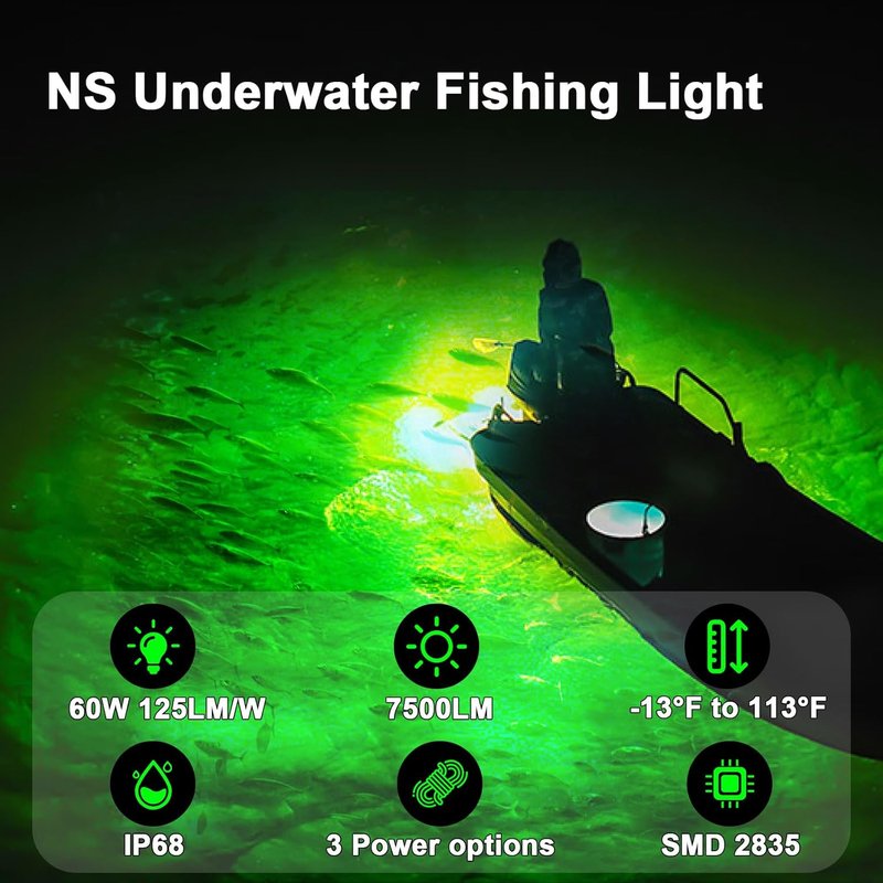 Underwater Fishing Light - 60W 7500LM LED Submersible Night Dock Light | Waterproof for Crappie & Kayak Fishing
