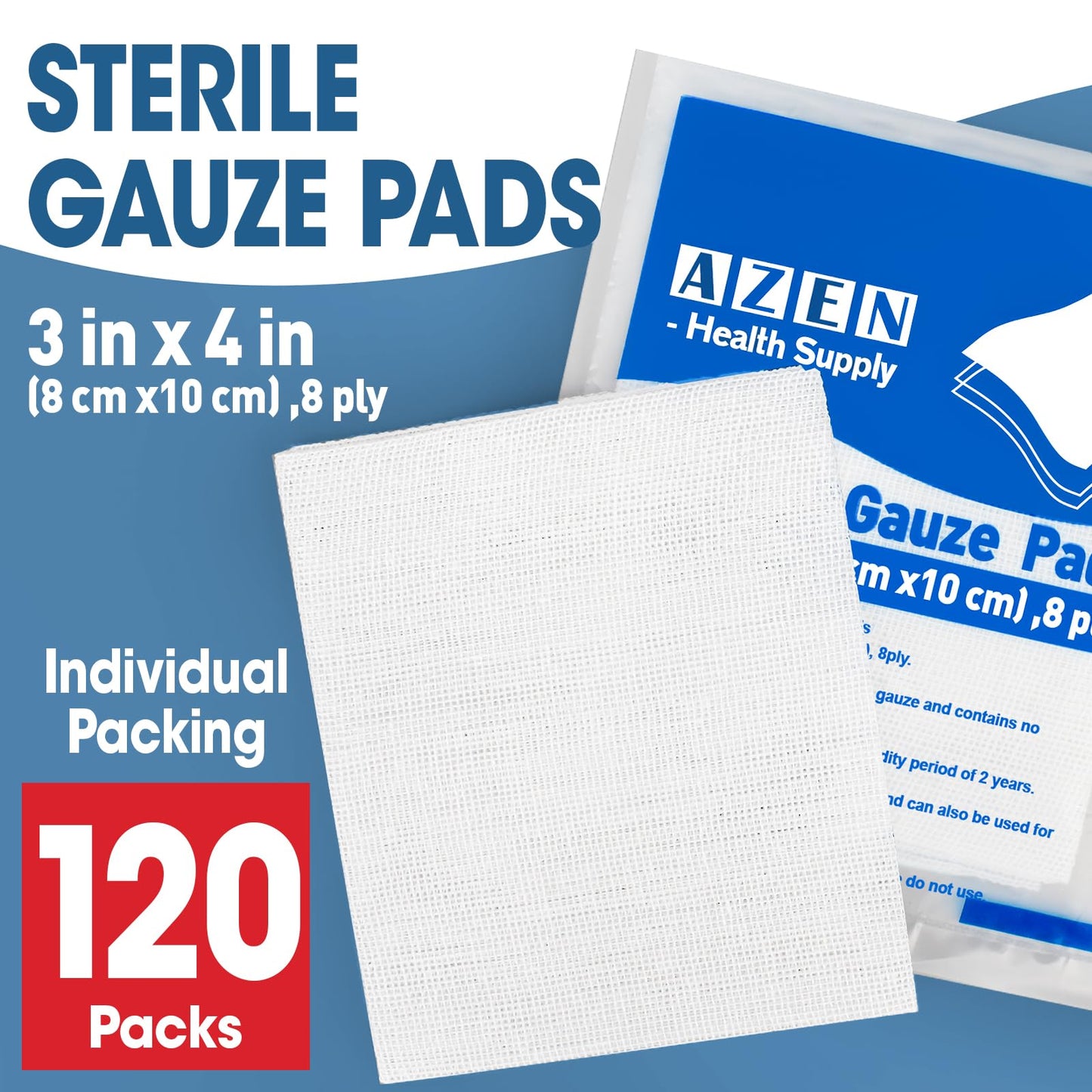 AZEN 120 Pack Sterile Gauze Pads, 3" x 4" Non Stick Gauze Pads, 8-Ply Cotton Gauze Sponges for Wound Care and First Aid, Highly Absorbent Individually Wrapped Medical Gauzes