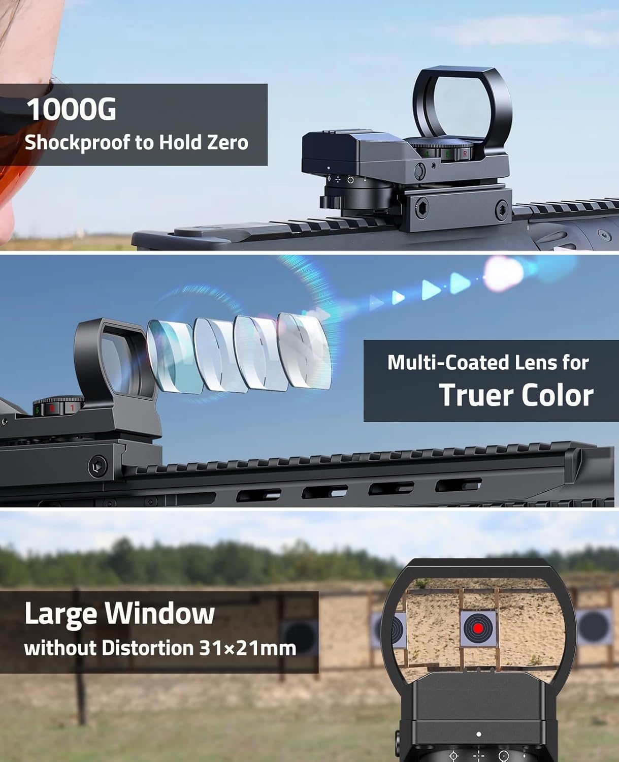FoxSpook Green & Red Dot Sight - Motion Awake Multi Reticle Reflex Optics for Picatinny | 31×21mm Large Window