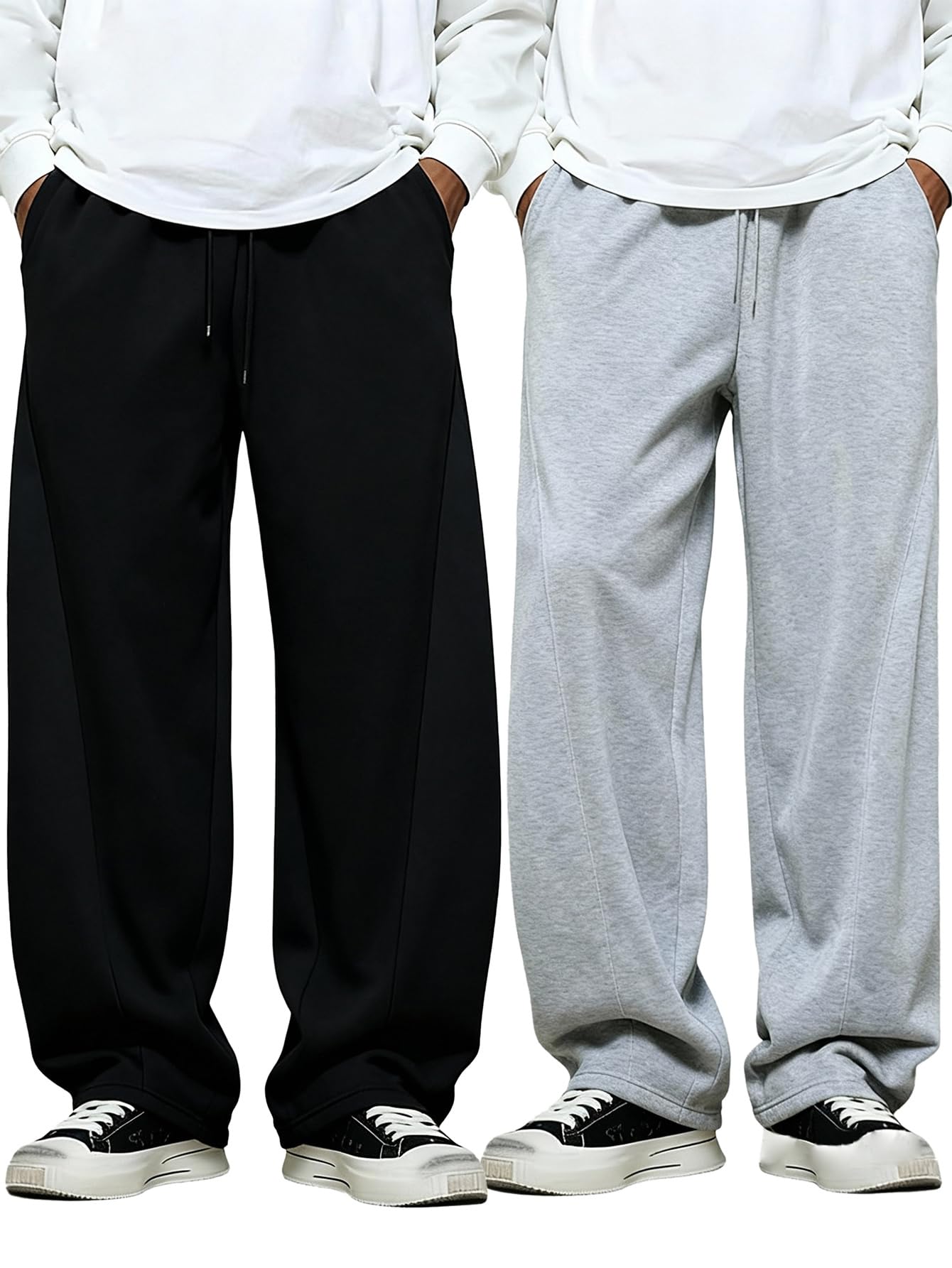 SOLY HUX Men's Athletic Sweatpants 2 Packs Drawstring Elastic Waist Wide Leg Baggy Sports Pants Black and Grey Small
