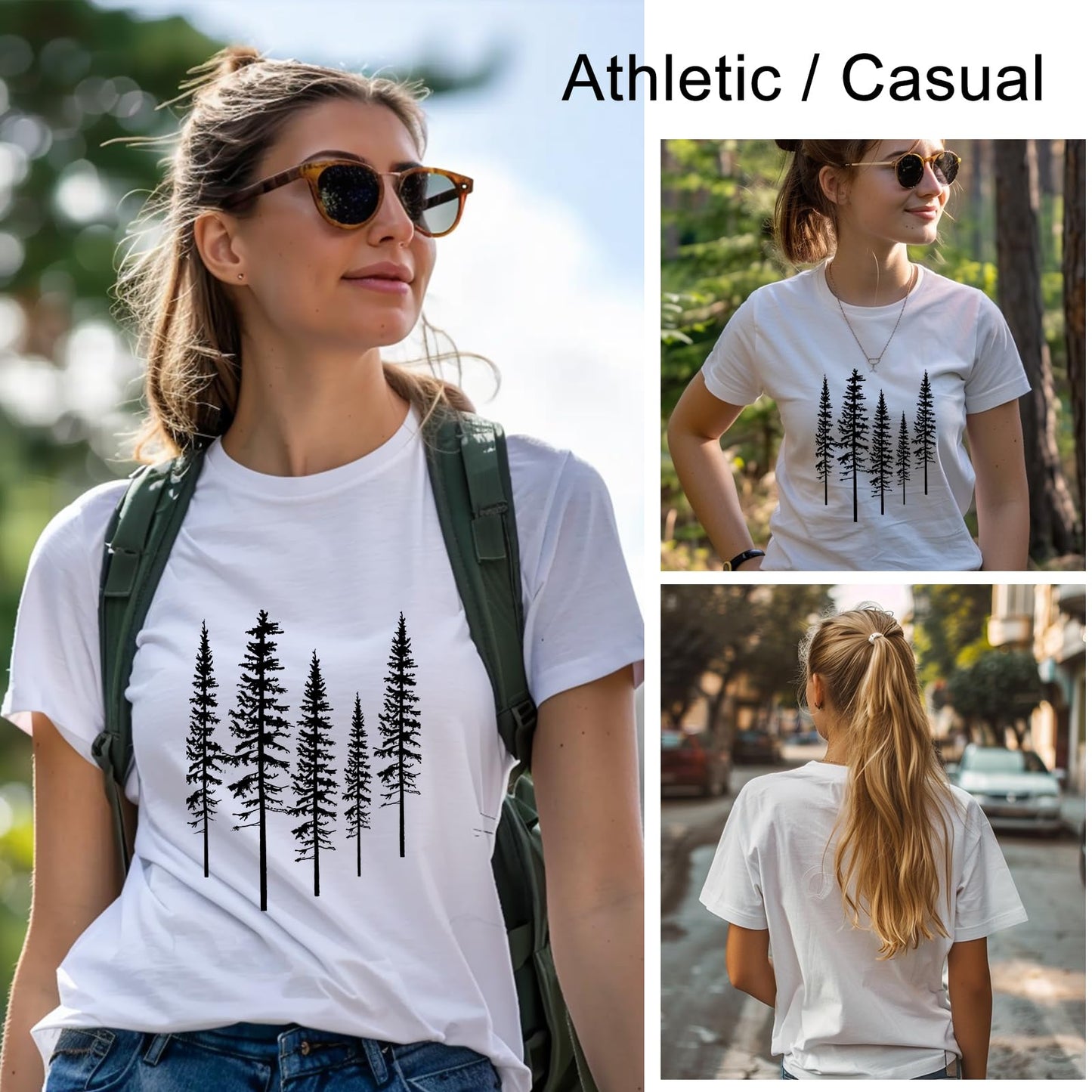 Graphic Tees for Women Casual Workout Graphic T-Shirt Skinny Pine Tree Nature Camping Funny Shirts Athletic Comfort Clothes(XL,White)