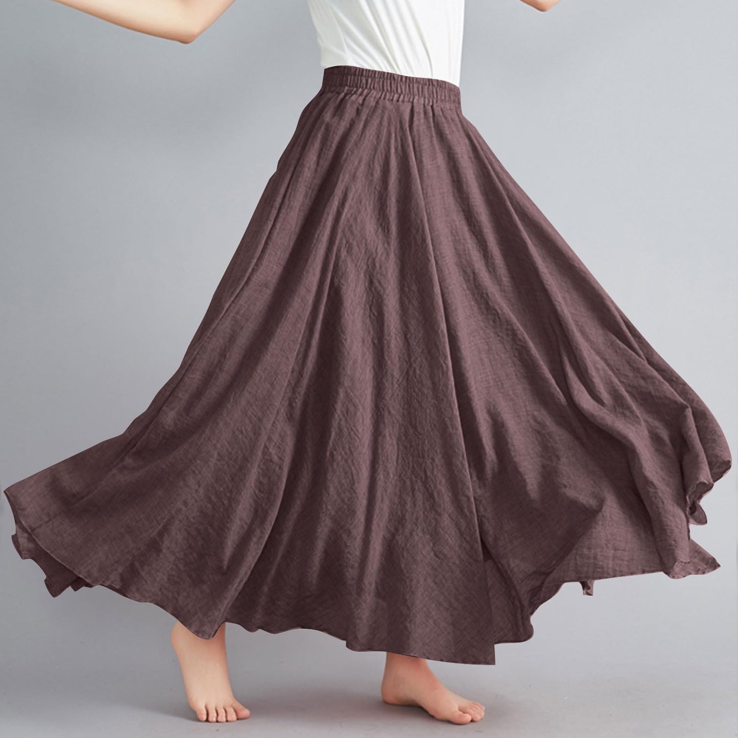 Womens Linen Maxi Skirts Summer Boho Solid Beach Elastic High Waist Pleated A-Line Flowy Swing Long Maxi Skirts Brown