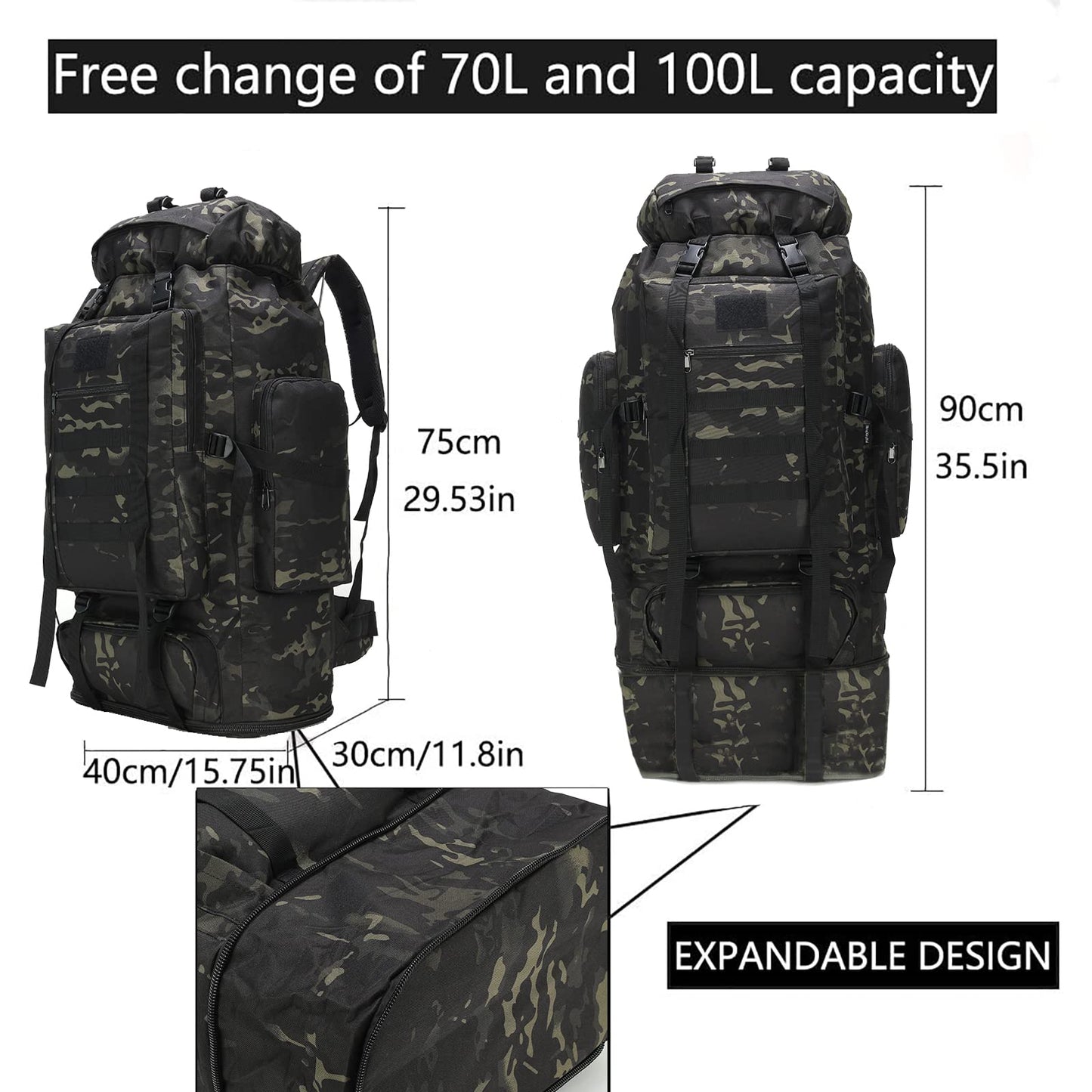 W WINTMING Hiking Backpack for Men 70L/100L Camping Backpack Military Rucksack Molle 3 Days Assault Pack for Climbing