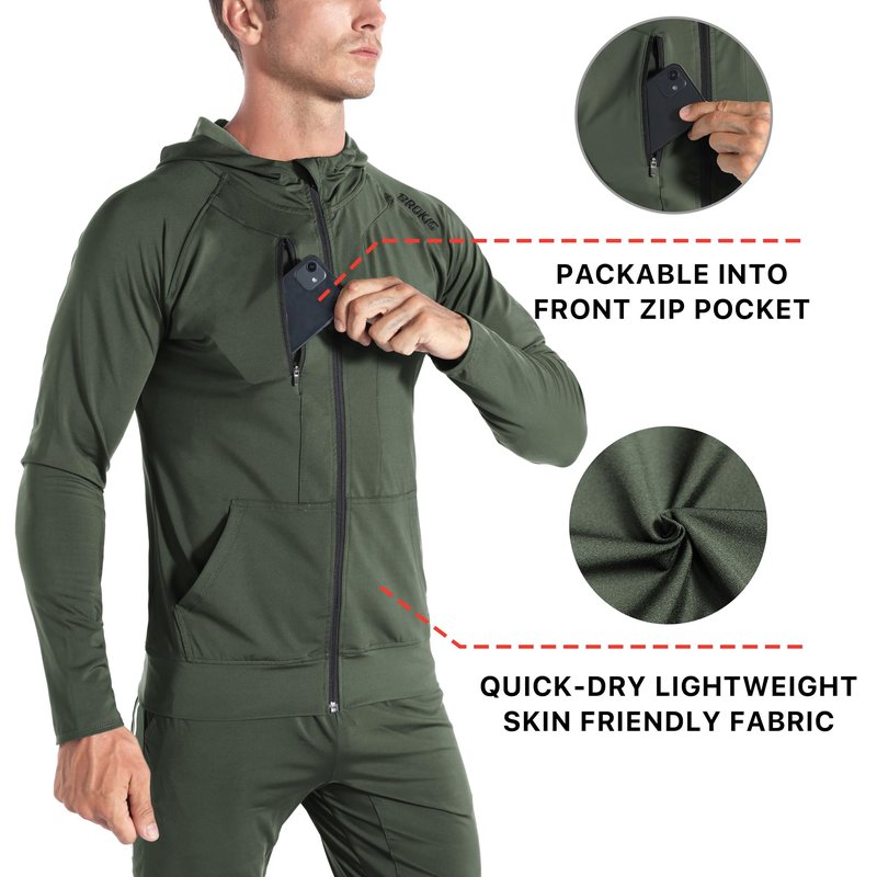 BROKIG Mens WindBreak Lightweight Running Jackets with Zip Pocket, Workout Track Hoodie Athletic Gym Sweatshirts Men(Army Green, Large)