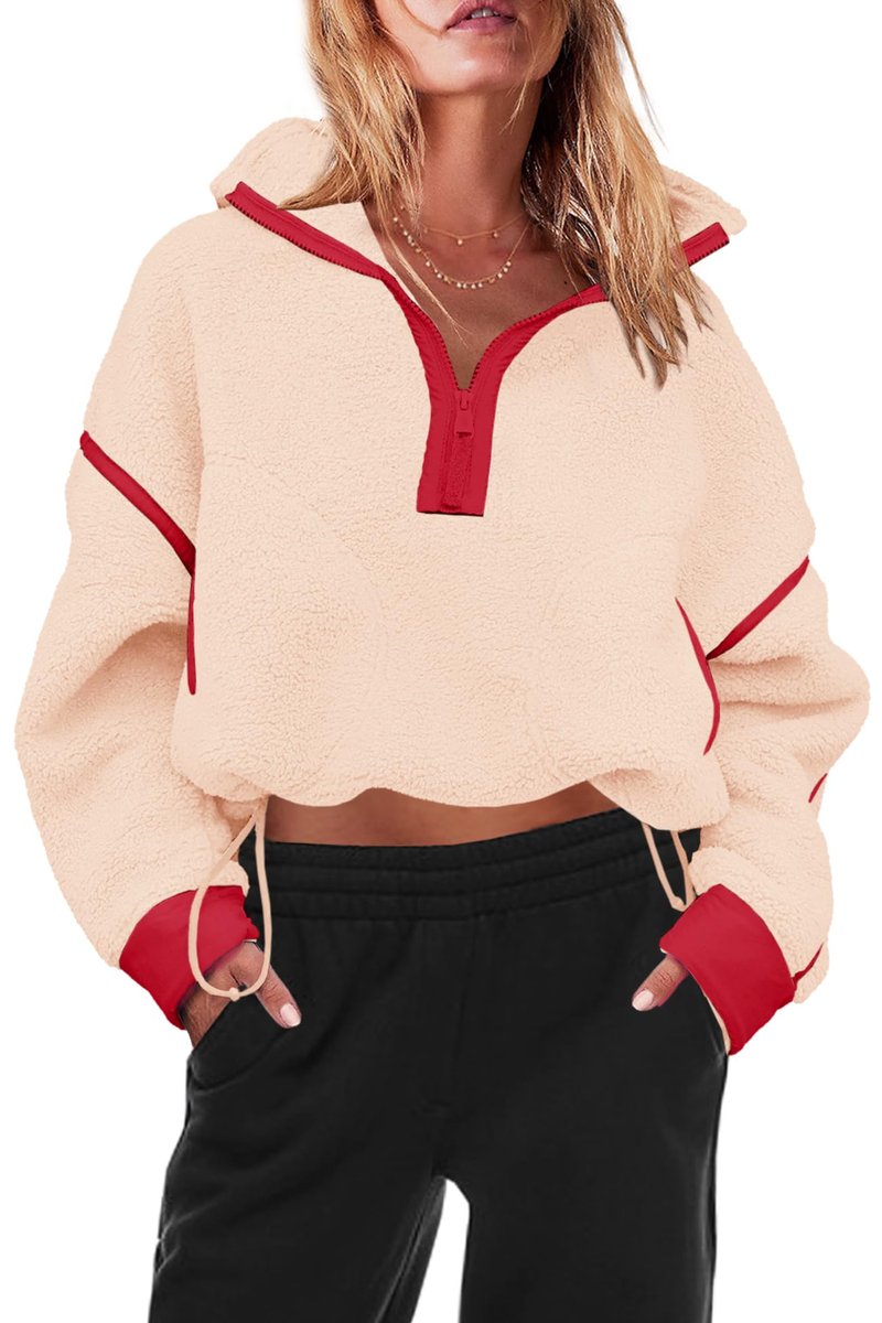 Panadila Womens Half Zip Fleece Pullover Sherpa Jacket Fuzzy Sweater Cozy Sweatshirt with Pockets Winter (Beige Red Combo,M)