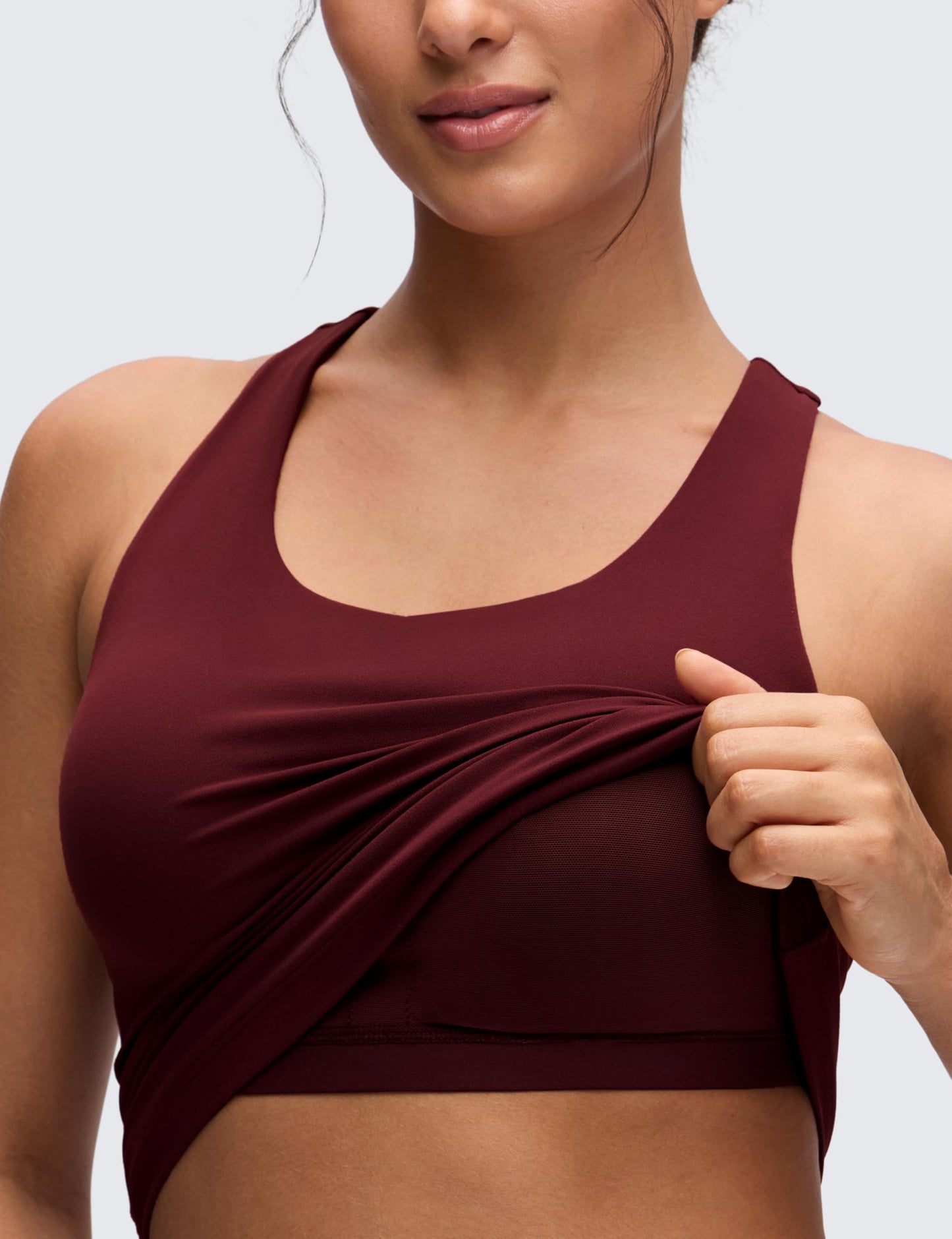 CRZ YOGA Butterluxe Workout Racerback Tank Tops for Women - Padded Athletic Spandex Yoga Shirts with Built in Bra Red Merlot Small