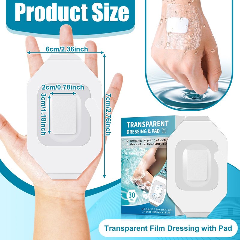 Geiserailie 30 Pack Transparent Film Bandage with Pad, Waterproof Adhesive Bandages, Cover Patches, Clear Film for Showering, Swimming, Tattoo(2.36 x 2.76 Inches)