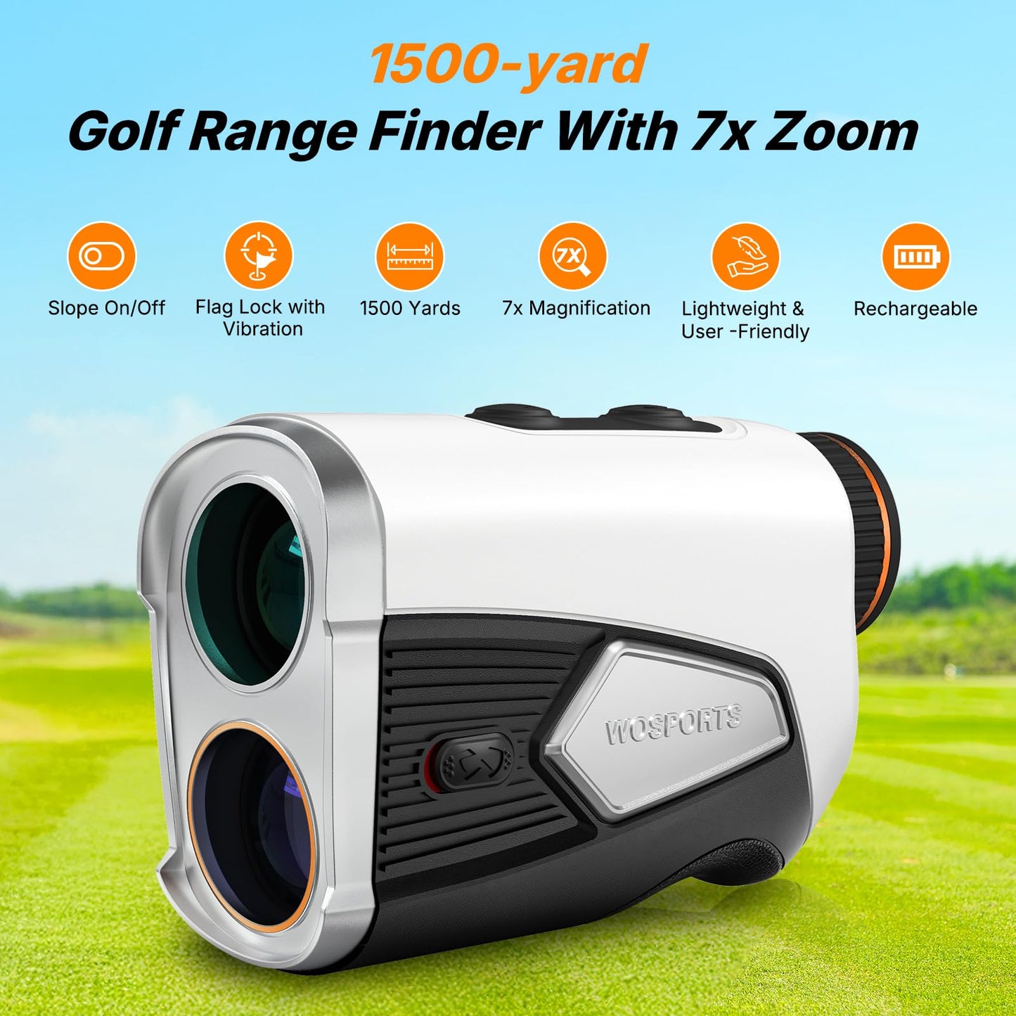 WOSPORTS Golf Rangefinder with Slope, 1500 Yards Laser Range Finder for Golfing/Hunting, 7X Magnification with Flag Pole Locking Vibration, Magnetic, Rechargeable, Feet/Meters/Yards Support