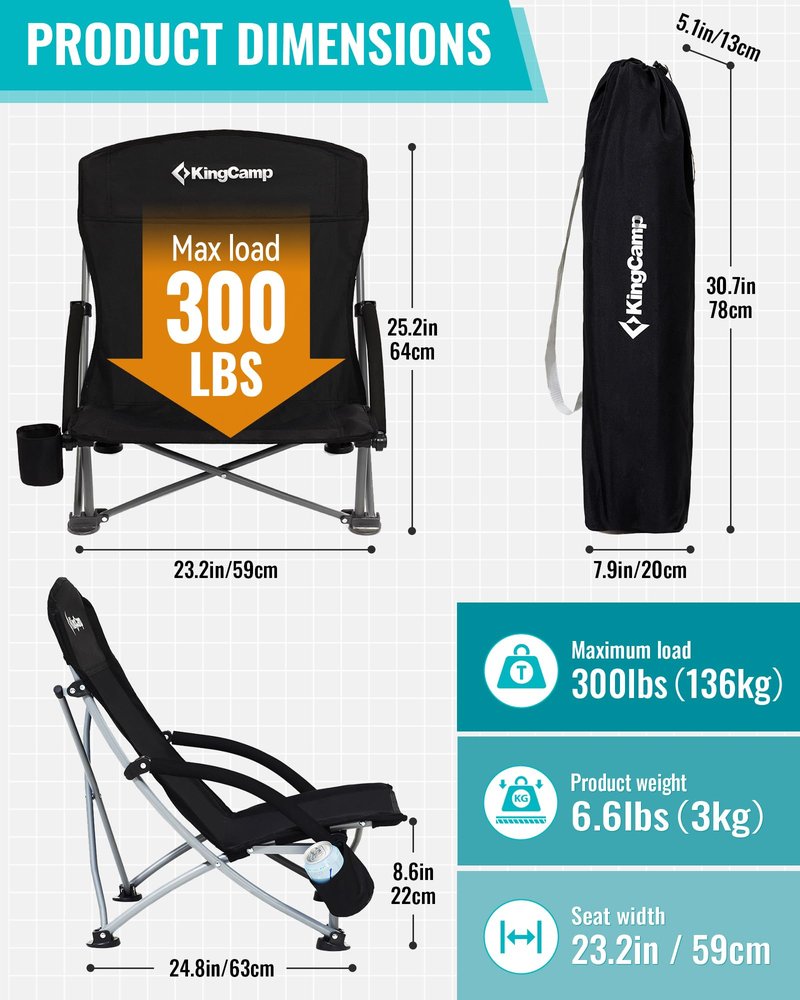 KingCamp Low Beach Chairs 2 Pack, Folding Portable Chair for Adults Lightweight Extra Wide Ergonomic Seat 300lbs Heavy Duty Oversized Backpack Gear with Carry Bag for Outdoor Lawn Camping Picnic